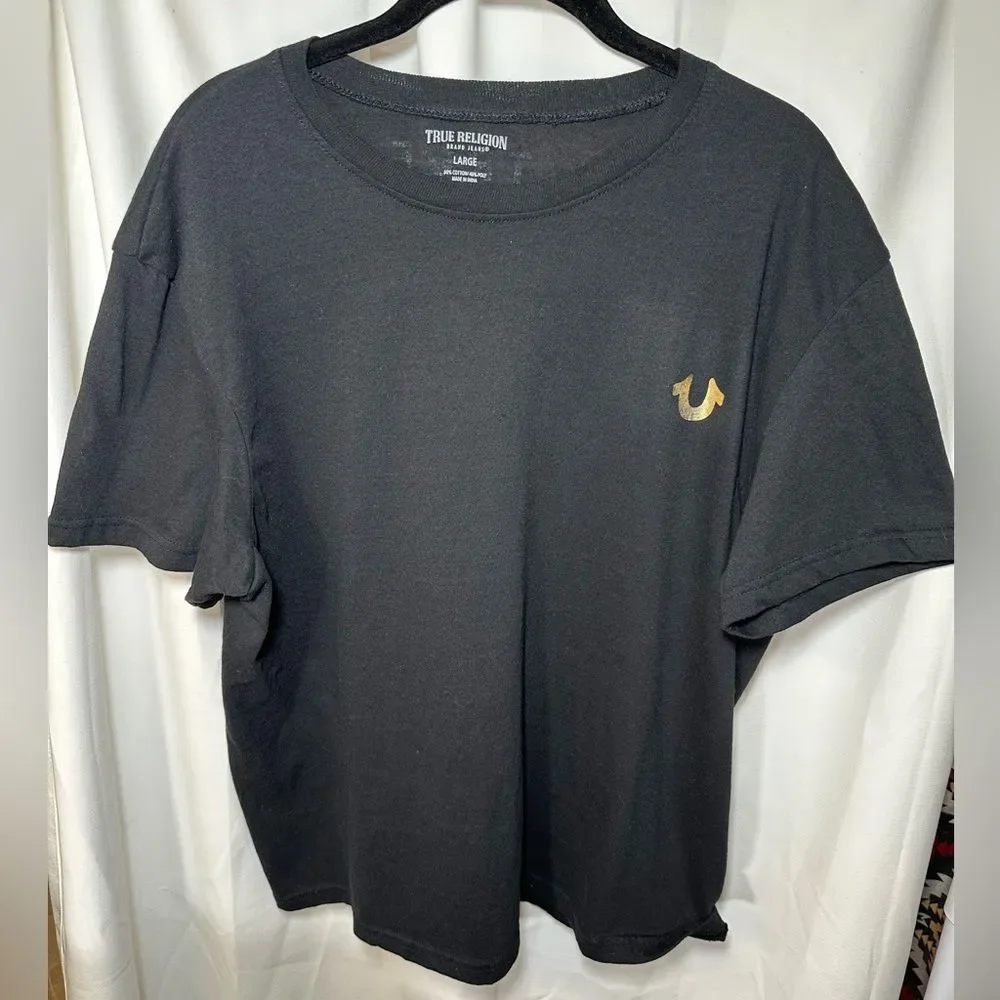 True Religion T-Shirt Gold Horseshoe Logo Black Short Sleeve Tee, Men's Large